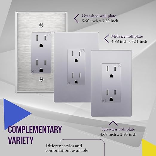 ENERLITES Elite Series Decorator Receptacle, Child Safe Tamper-Resistant Outlet, Self-Grounding, Residential Grade, 15A 125V, UL Listed, 61501-TR-SVWP, Silver with Wall Plate