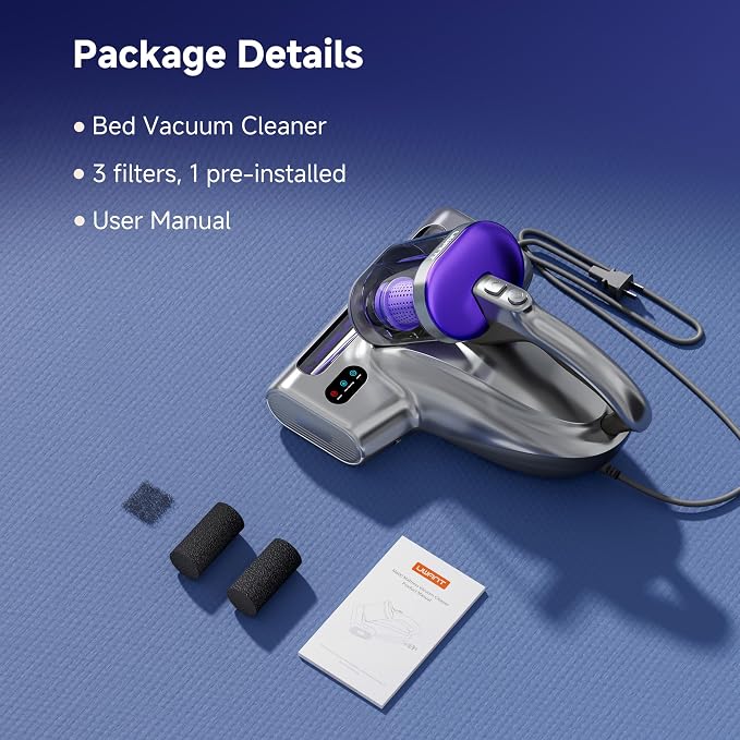 uwant 18Kpa Mattress Vacuum Cleaner 60000RPM Tap Bed Vacuum Set of 1 | 253.7Uv-C Light and Ultrasonic, 149℉ Hot Air, HEPA Filter, Metal Roller