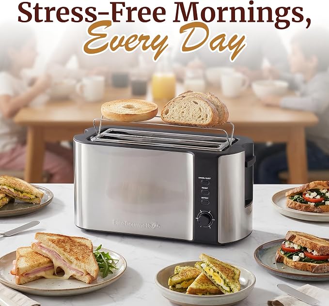 Elite Gourmet ECT-3100 4-Slice Long Slot Toaster | Extra Wide Slots for Bagels, Sourdough & Texas Toast | 6 Browning Settings | Reheat, Defrost & Cancel | Built-In Warming Rack | Stainless Steel
