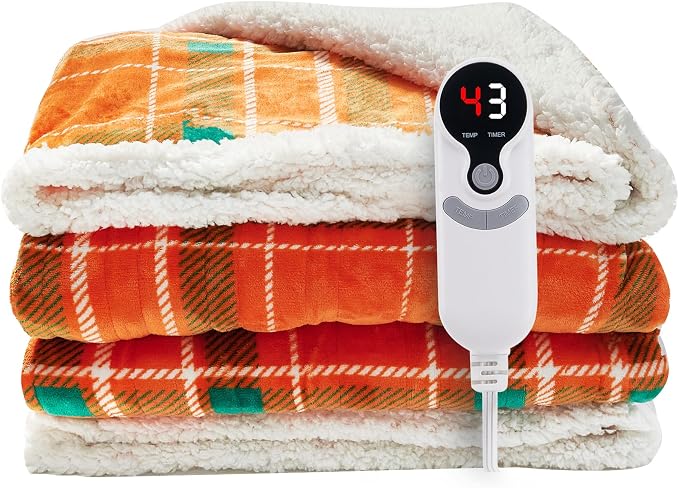 Electric Heated Blanket 72"x84" Full Size, Dual-Sided Flannel & Sherpa, 9 Heat Settings & 1-10H Auto Off, Soft Warm for Home Office Bed Couch, Machine Washable, Ideal Winter Gift, Orange
