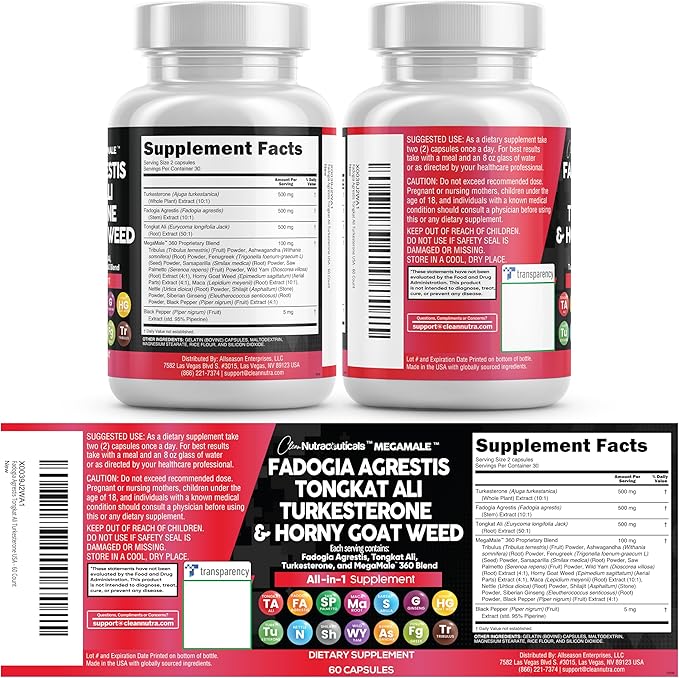 Clean Nutraceuticals Fadogia Agrestis Tongkat Ali Turkesterone Supplement with Horny Goat Weed, Saw Palmetto, Maca Root, Siberian Ginseng, Tribulus Terrestris, Fenugreek, Wild Yam - 60 Count