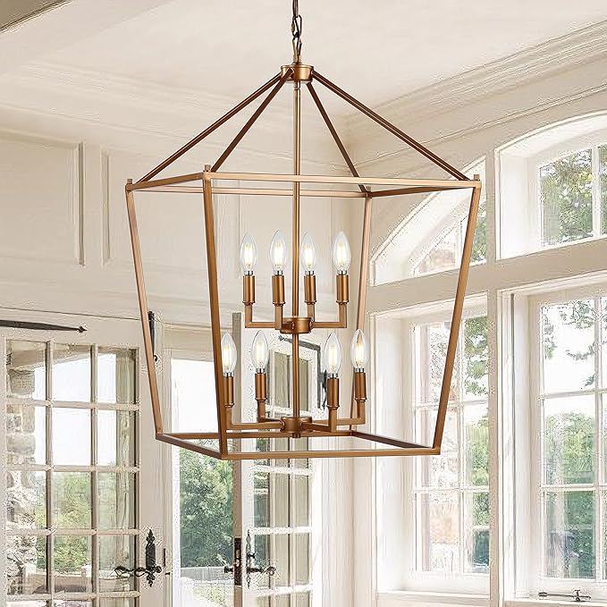 JONATHAN Y 20" Antique Gold Lantern Pendant Light, 8-Light Pagoda Style Metal Cage Farmhouse Hanging Ceiling Fixture for Kitchen Island, LED Bulb Included (JYL7438B)