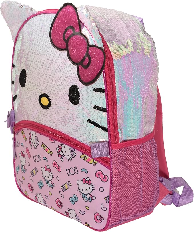 AI ACCESSORY INNOVATIONS Hello Kitty Girls 4 Piece Backpack Set, Iridescent Flip Sequin 16" School Bag with 3D Features, Front Zip Pocket, Pink & White