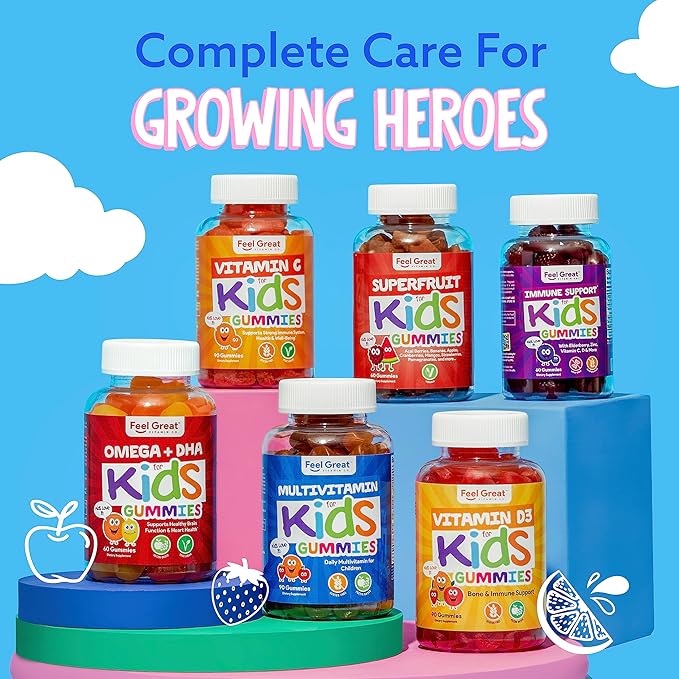 Gummies multivitamines Feel Great Kids | Vitamines saveur agrumes et fraise pour enfants | Gummies multivitamines avec vitamine D pour le soutien des os, des muscles et du système immunitaire | Vitamines à croquer | Pour 45 jours
