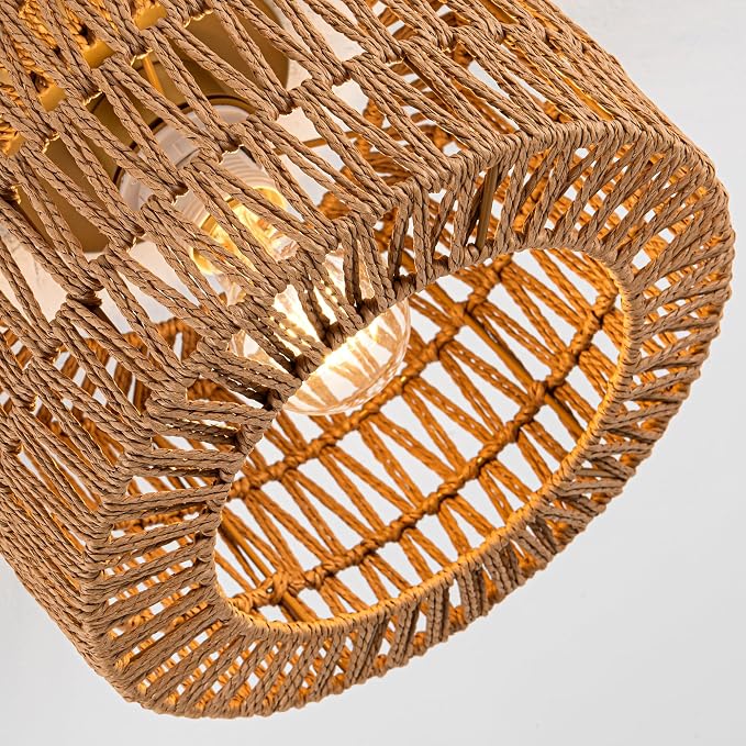 Rpzloila Rattan Ceiling Light, 1 Light Bohemian Modern Woven Flush Mount Ceiling Light, Boho Light Fixture for Bedroom Living Room Dining Room, Gold Finish