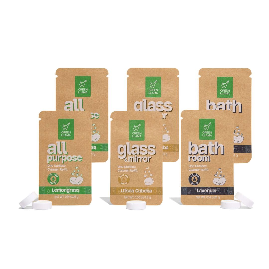 Pack découverte de tablettes de nettoyage écologiques Green Llama - Recharges de nettoyant multi-surfaces pour vitres et salles de bain, compostables, végétales, sans danger pour la famille et les animaux - Pack échantillon de 6 tablettes