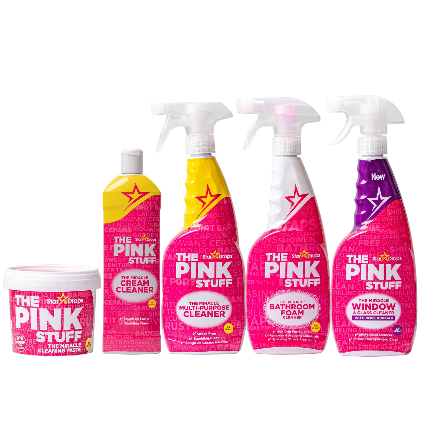 Stardrops - The Pink Stuff - 万能クリーニングペースト、多目的スプレー、バスルームフォームスプレー、窓・ガラスクリーナー、クリームクリーナーバンドル