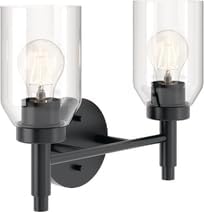 Kichler Madden 2-Light Bathroom Vanity Light Fixture with Clear Glass in Black, Modern Wall Mount Over Mirror for Single or Double Vanity (10.5" x 14.25"), 55184BK