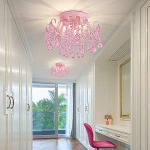 Q&S Mini Crystal Chandelier,Semi Flush Mount Pink Girl Chandelier, Small Crystal Ceiling Light Fixture Bedroom Bathroom Closet Nursery 3 Lights