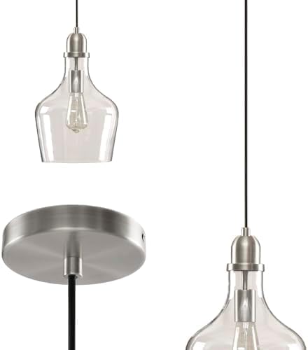 INK+IVY Auburn Pendant Kitchen Lighting for Dining Room, Industrial Lights, Hand-blown Glass Bell Shaped Pendant Light for Kitchen Island, Foyer, Bedroom, 9" Dia x 95.5" H, Silver/Clear