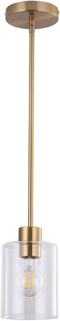 Brass Pendant Light for Kitchen Island 1 Pack, Modern Gold Hanging Light with Adjustable Rod, Farmhouse Brass Pendant Lighting for Dining Room Sink, Brass Rod Ceiling Hanging Light Fixture