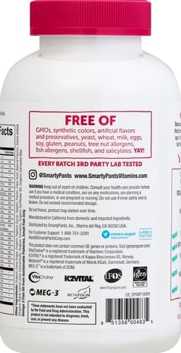 Gummies multivitaminées pour femmes SmartyPants : Huile de poisson Oméga 3 (EPA/DHA), Méthylfolate, CoQ10, Vitamine D3, C, Vitamine B12, B6, A, K & Zinc, Inositol, Sans gluten, (Pour 30 jours), 180 gommes (Lot de 2)