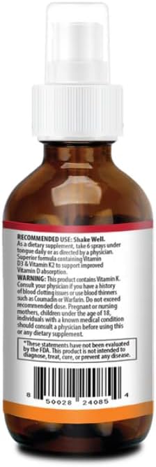 Vitamine D3 K2 10 000 UI Spray liquide avec huile de TCM biologique, Vitamine A (Rétinol) 1250mcg, K2 (MK4, MK7) Favorise la santé du cœur, des os, du système immunitaire. 100% végétalien, sans OGM, sans gluten, sans sucre ajouté (60 ml)