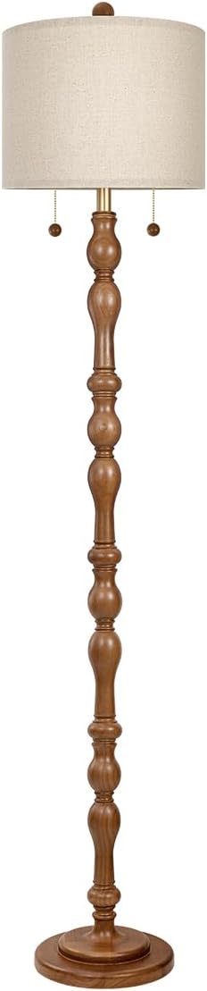 Scenekoy 65.5 Natural Real Wood Floor Lamp for Living Room Bedroom, Dual Pull Chains Switch, Wooden Base, Rustic Farmhouse Standing Floor Lamp with Linen Shade for Living Room Bedroom Office