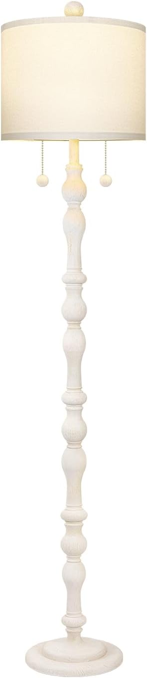 Scenekoy 65.5” Natural Real Wood Floor Lamp for Living Room Bedroom, Dual S Cluster Socket, Pull Chains Switch, Farmhouse Tall Standing Lamp with Linen Shade for Home Room Decor (Bulbs Included)