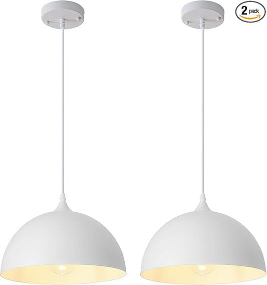 White Farmhouse Pendant Light 11.8inches 2 Packs, Kitchen Pendant Lights, Industrial Pendant Light, Pendant Lights Kitchen Island for Living Room, Bedroom, Dinning Room, Office