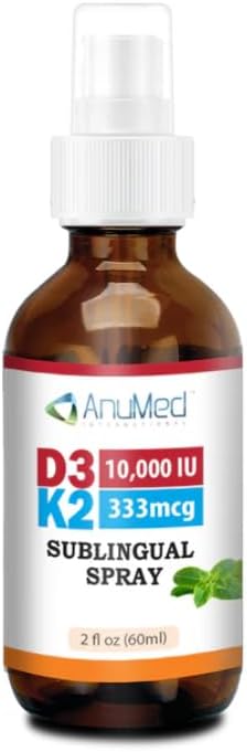 Vitamine D3 K2 10 000 UI Spray liquide avec huile de TCM biologique, Vitamine A (Rétinol) 1250mcg, K2 (MK4, MK7) Favorise la santé du cœur, des os, du système immunitaire. 100% végétalien, sans OGM, sans gluten, sans sucre ajouté (60 ml)