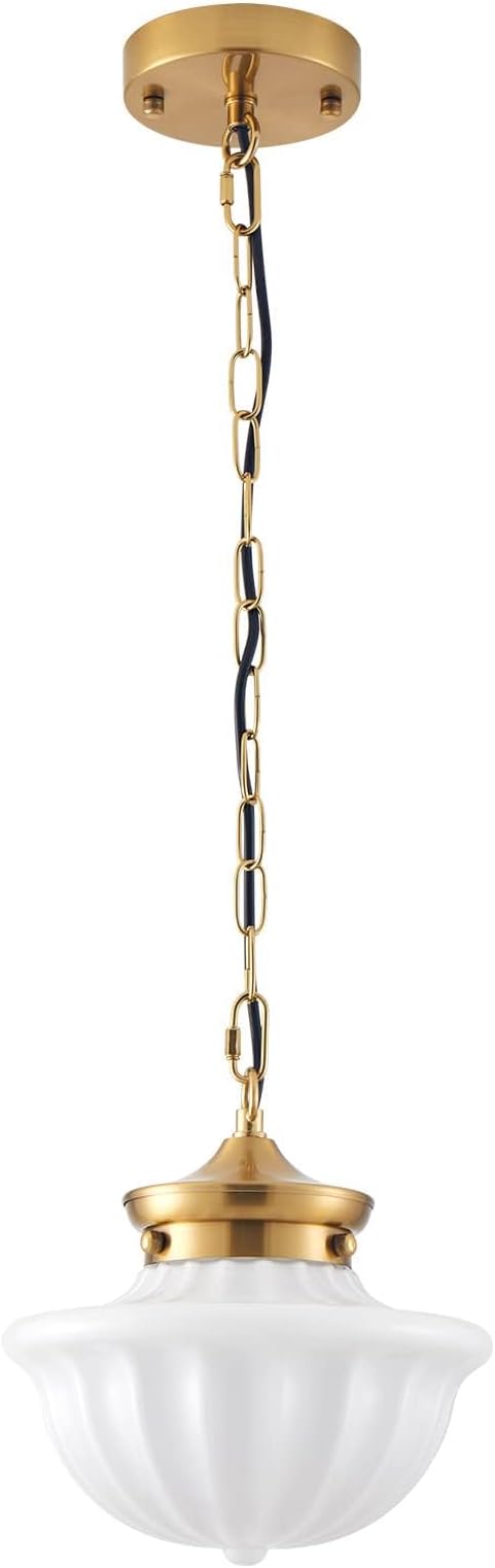 youngrender Schoolhouse Pendant Fixtures, 9" Brass Gold Milk Glass Pendant Light, Adjustable Mid Century Ceiling Pendant Lighting for Bedroom Kitchen Living Room Hallway Dining Room