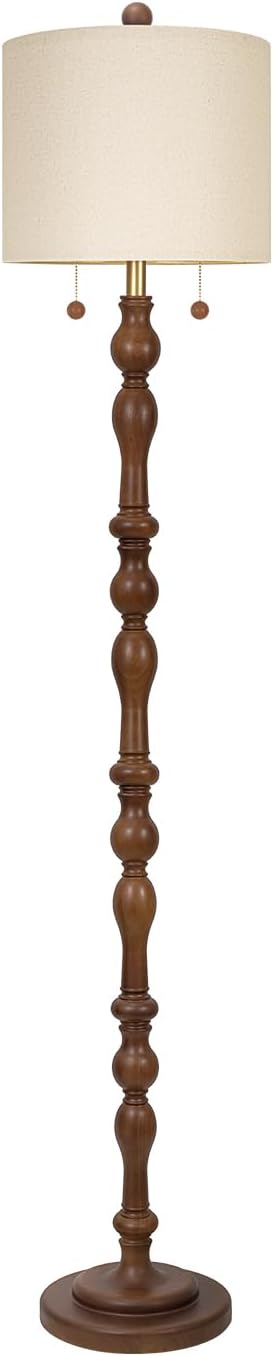 65.5" Natural Real Wood Floor Lamp with S Cluster Pull Chains Dual Switch,Wood Base Standing Lamp,Rustic Tall Lamp with Linen Shade,Farmhouse Floor Lamp for Living Room,Bedroom,Office(Bulb Included)