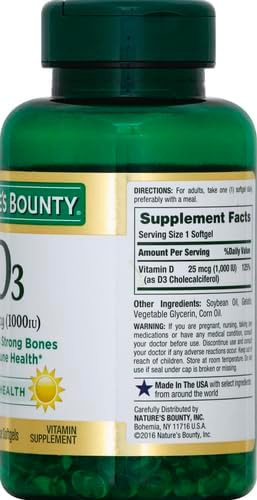 Nature's Bounty Vitamine D3 1000 UI, Soutien immunitaire, Aide à maintenir des os sains, 250 gélules à libération rapide (Lot de 3)