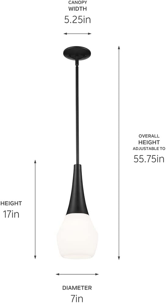 Kichler Deela 1-Light Pendant Light Fixture with Satin Etched Cased Opal Glass in Black, Modern Hanging Ceiling Light for Kitchen Island, Dining Room or Living Room (7" x 17"), 52529BK