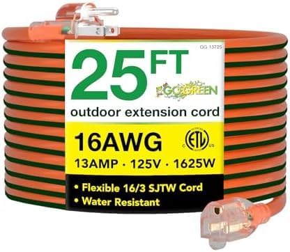 Go Green Power Inc. 16/3 25ft Outdoor Extension Cord with Lighted End - Contractor Grade,Durable,and Moisture Resistant - Ideal for Heavy Duty Tools - GG-13725,(Pack of 12)
