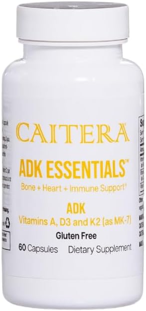 ADK Essentials | Vitamines A, D, K (sous forme de MK-7) Complément alimentaire pour les os, le cœur et l'immunité | Soutient la densité/l'intégrité osseuse ; l'utilisation du calcium ; et le système cardiovasculaire | Végétalien 60 capsules