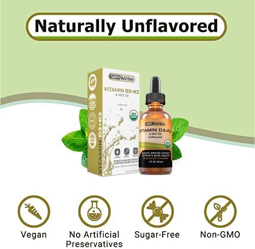 SBR Nutrition MAX Absorption, Vitamine D3 + K2 (MK-7) en gouttes liquides avec huile MCT, sans arôme, aide à soutenir la solidité des os et la santé cardiaque