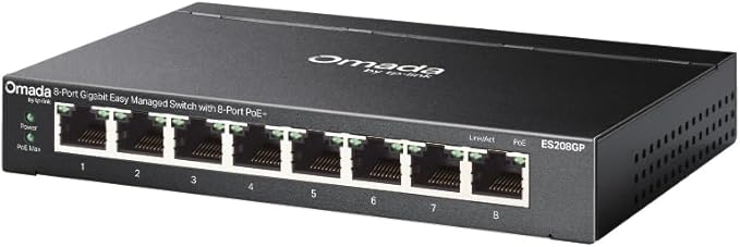 TP-Link Omada 8 Port Gigabit Easy Managed, PoE Switch, 65W Budget, PoE+ Compliant, Up to 250m PoE Distance, Auto Recovery, VLAN, Auto Loop Prevention, Fanless, Managed by Omada(ES208GP)