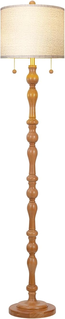 65.5" Natural Real Wood Floor Lamp with S Cluster Pull Chains Dual Switch,Wood Base Tall Lamp,Farmhouse Standing Lamp for Living Room,with Linen Shade,Floor Lamp for Living Room,Bedroom(Bulb Included)