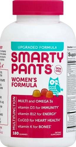 Gummies multivitaminées pour femmes SmartyPants : Huile de poisson Oméga 3 (EPA/DHA), Méthylfolate, CoQ10, Vitamine D3, C, Vitamine B12, B6, A, K & Zinc, Inositol, Sans gluten, (Pour 30 jours), 180 gommes (Lot de 2)