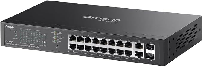 TP-Link Omada 16 Port Gigabit Easy Managed, PoE Switch, 150W Budget, PoE+ Compliant, Up to 250m PoE Distance, Auto Recovery, VLAN, Auto Loop Prevention, Fanless, Managed by Omada(ES220GP)