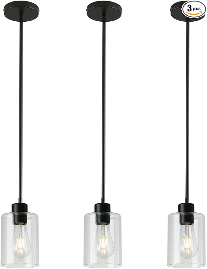 3 Pack Black Pendant Lights Kitchen Island, Modern Industrial Matte Black Hanging Light Fixtures, Adjustable Downrod Farmhouse Glass Pendant Lighting for Dining Room Bedroom Hallway Entryway