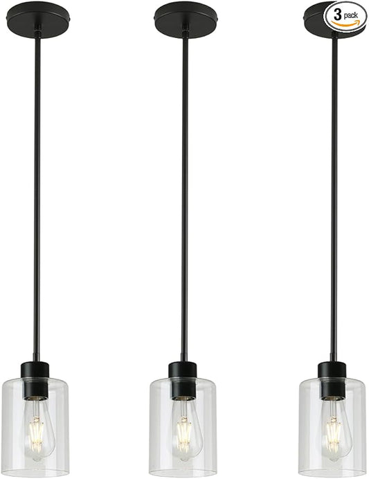 3 Pack Black Pendant Lights Kitchen Island, Modern Industrial Matte Black Hanging Light Fixtures, Adjustable Downrod Farmhouse Glass Pendant Lighting for Dining Room Bedroom Hallway Entryway
