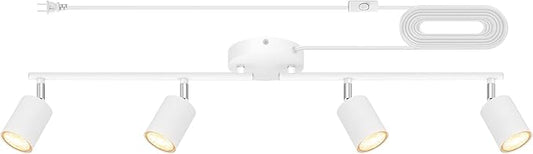 Plug in Track Lighting LED, Track Lighting Fixtures Ceiling, White 4-Light Kitchen Light Kit, Plug in Wall Light with 14.8ft Power Cord, Rotatable Ceiling Spotlight for Bedroom(GU10 Socket, NO Bulb)