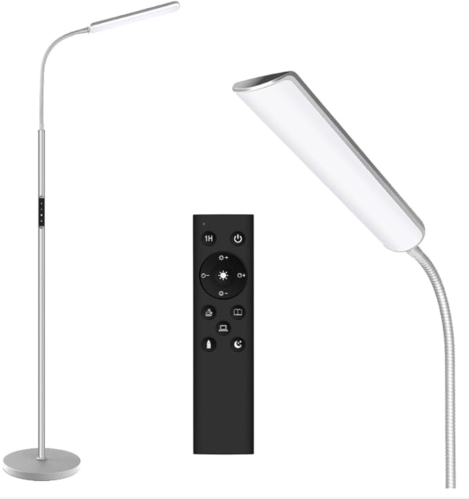Dimunt LED Floor Lamp, Bright 15W Floor Lamps for Living Room with 1H Timer, Stepless Adjustable 3000K-6000K Colors & Brightness Standing Lamp with Remote & Touch Control Reading Floor Lamps-Silver