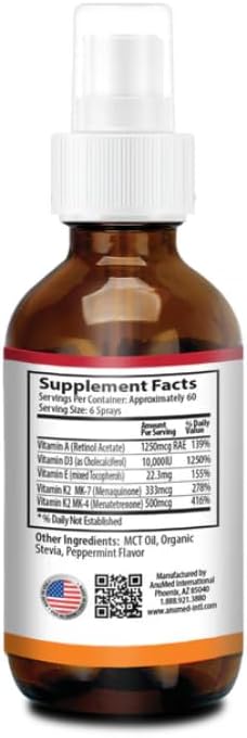 Vitamine D3 K2 10 000 UI Spray liquide avec huile de TCM biologique, Vitamine A (Rétinol) 1250mcg, K2 (MK4, MK7) Favorise la santé du cœur, des os, du système immunitaire. 100% végétalien, sans OGM, sans gluten, sans sucre ajouté (60 ml)