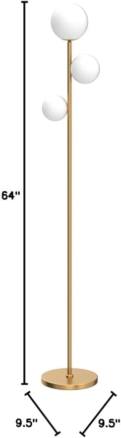 Fiqevs 3 Globe Floor Lamp Mid Century Modern, Gold Standing Lamp with Frosted Glass Shade & LED Bulbs, Tall Pole Light with Foot Switch for Living Room Bedroom Office - Antique Brass