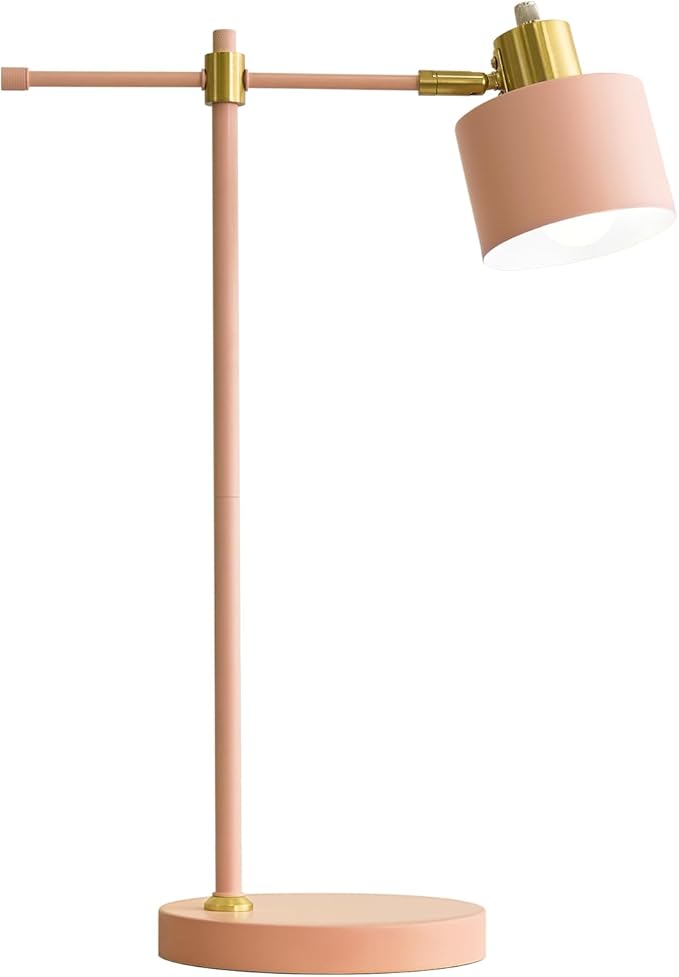 OYEARS 22.2" Modern Desk Lamp, Metal Table Lamp with LED Bulb, Adjustable Reading Lamps for Living Room, Mid Century Task Lamp for Home Office, Industrial Bedside Lamps with Solid Base, Pink