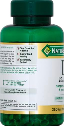 Nature's Bounty Vitamine D3 1000 UI, Soutien immunitaire, Aide à maintenir des os sains, 250 gélules à libération rapide (Lot de 3)