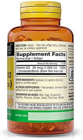 MASON NATURAL Vitamine D3 1000 UI (25 mcg) à base d'huile de foie de poisson pour soutenir la fonction osseuse et musculaire normale, Approvisionnement de 180 jours, 60 capsules molles (Paquet de 3)