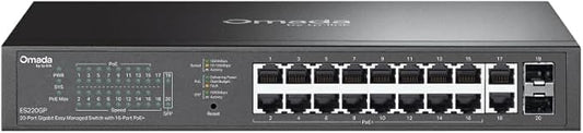 TP-Link Omada 16 Port Gigabit Easy Managed, PoE Switch, 150W Budget, PoE+ Compliant, Up to 250m PoE Distance, Auto Recovery, VLAN, Auto Loop Prevention, Fanless, Managed by Omada(ES220GP)