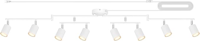 Plug in Track Lighting LED, Track Lighting Fixtures Ceiling, White 8-Light Kitchen Light Kit, Plug in Wall Light with 14.8ft Power Cord, Rotatable Ceiling Spotlight for Bedroom(GU10 Socket, NO Bulb)