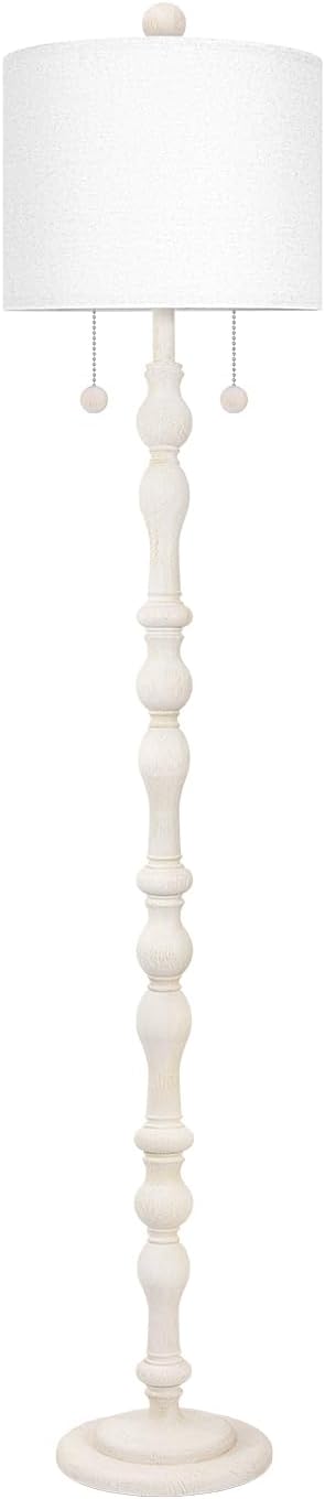 Scenekoy 65.5” Natural Real Wood Floor Lamp for Living Room Bedroom, Dual S Cluster Socket, Pull Chains Switch, Farmhouse Tall Standing Lamp with Linen Shade for Home Room Decor (Bulbs Included)