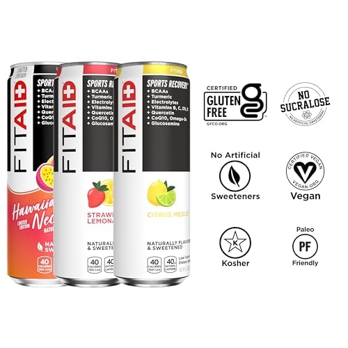 LIFEAID FITAID Workout Recovery Blend Variety Pack BCAA Glucosamine Full B Complex Electrolytes Omega-3s 100% Clean Vegan Naturally Sweetened & Flavored 12-oz. cans (Pack of 24) - Packaging May Vary