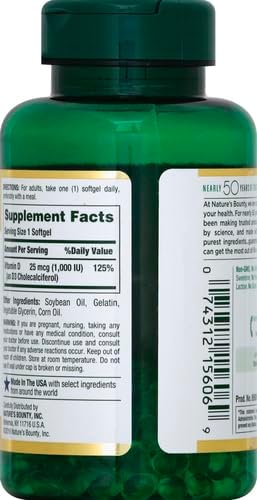 Nature's Bounty Vitamine D3 1000 UI, Soutien immunitaire, Aide à maintenir des os sains, 250 gélules à libération rapide (Lot de 3)