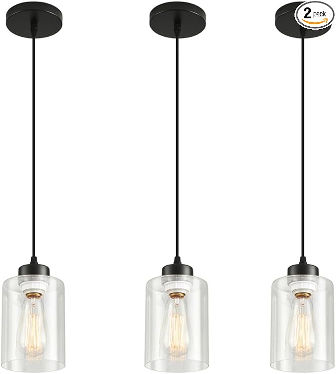 Pendant Light Fixture, 3 Pack Hanging Ceiling Lamp with Clear Glass Shade, Adjustable, Kitchen and Dining Room, Black, 30 x 15 x 22 cm