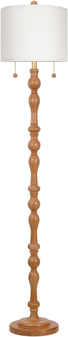 65.5" Natural Real Wood Floor Lamp with S Cluster Pull Chains Dual Switch,Wood Base Tall Lamp,Farmhouse Standing Lamp for Living Room,with Linen Shade,Floor Lamp for Living Room,Bedroom(Bulb Included)