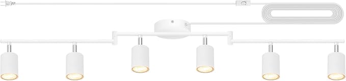 Plug in Track Lighting LED, Track Lighting Fixtures Ceiling, White 6-Light Kitchen Light Kit, Plug in Wall Light with 14.8ft Power Cord, Rotatable Ceiling Spotlight for Bedroom(GU10 Socket, NO Bulb)
