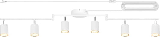 Plug in Track Lighting LED, Track Lighting Fixtures Ceiling, White 6-Light Kitchen Light Kit, Plug in Wall Light with 14.8ft Power Cord, Rotatable Ceiling Spotlight for Bedroom(GU10 Socket, NO Bulb)